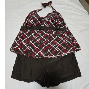Beach Native Halter Tankini Swimsuit Set Brown‎ Red White Plaid Size L /0351